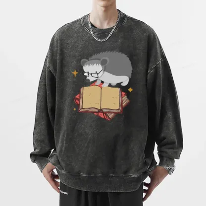 Pagewing Fun Hedgehog Is Reading Unisex Washed Sweatshirt