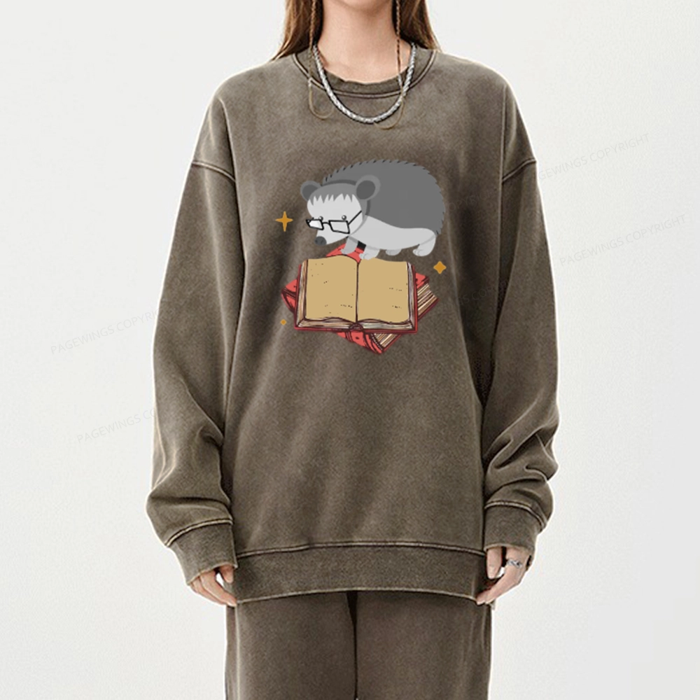 Pagewing Fun Hedgehog Is Reading Unisex Washed Sweatshirt