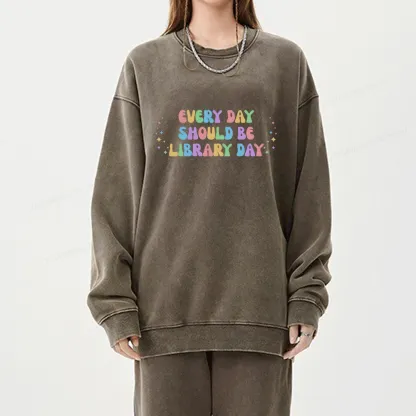 Pagewing Every Day Should Be Library Day Unisex Washed Sweatshirt