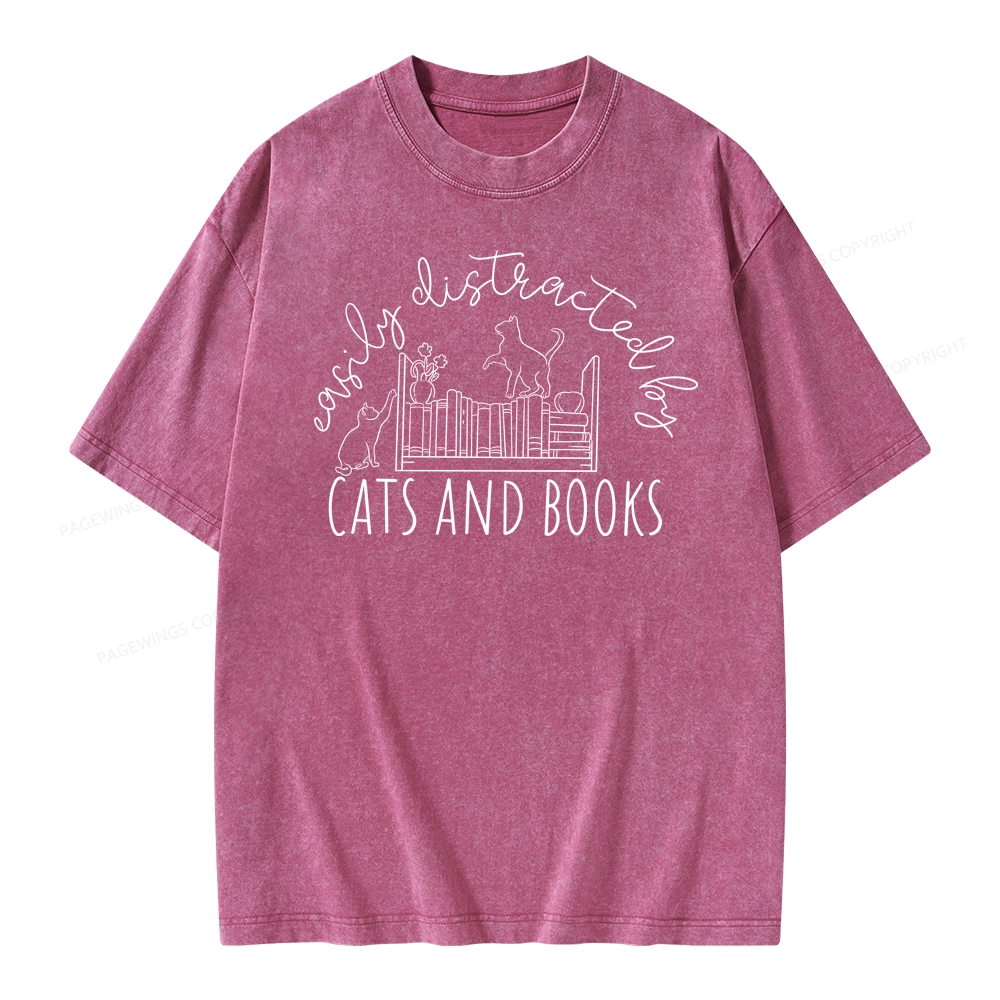 Pagewing Cute Cats And Books Unisex Washed T-shirt