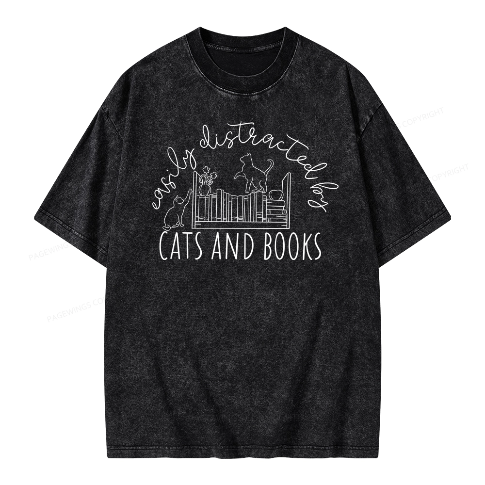 Pagewing Cute Cats And Books Unisex Washed T-shirt