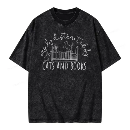 Pagewing Cute Cats And Books Unisex Washed T-shirt