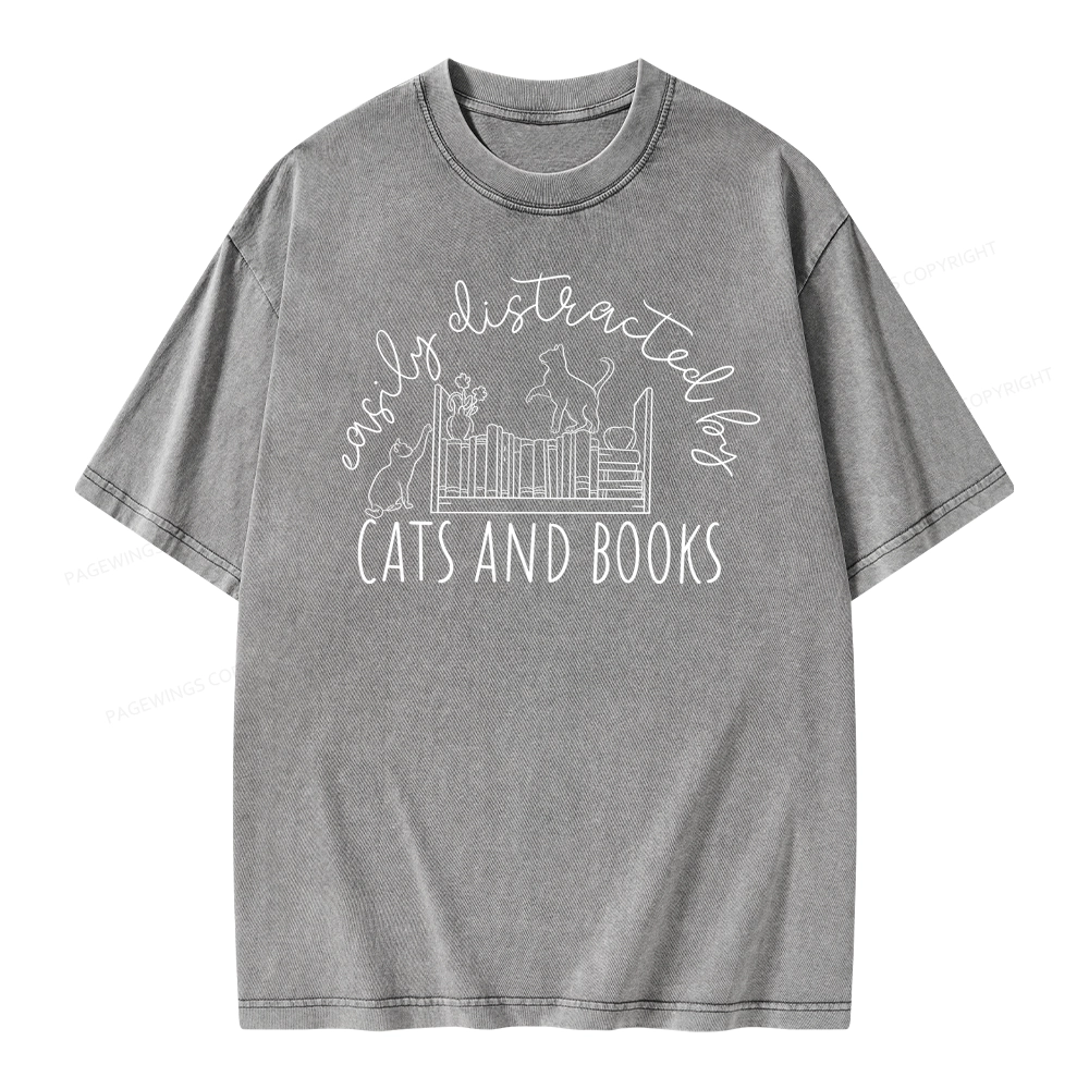 Pagewing Cute Cats And Books Unisex Washed T-shirt