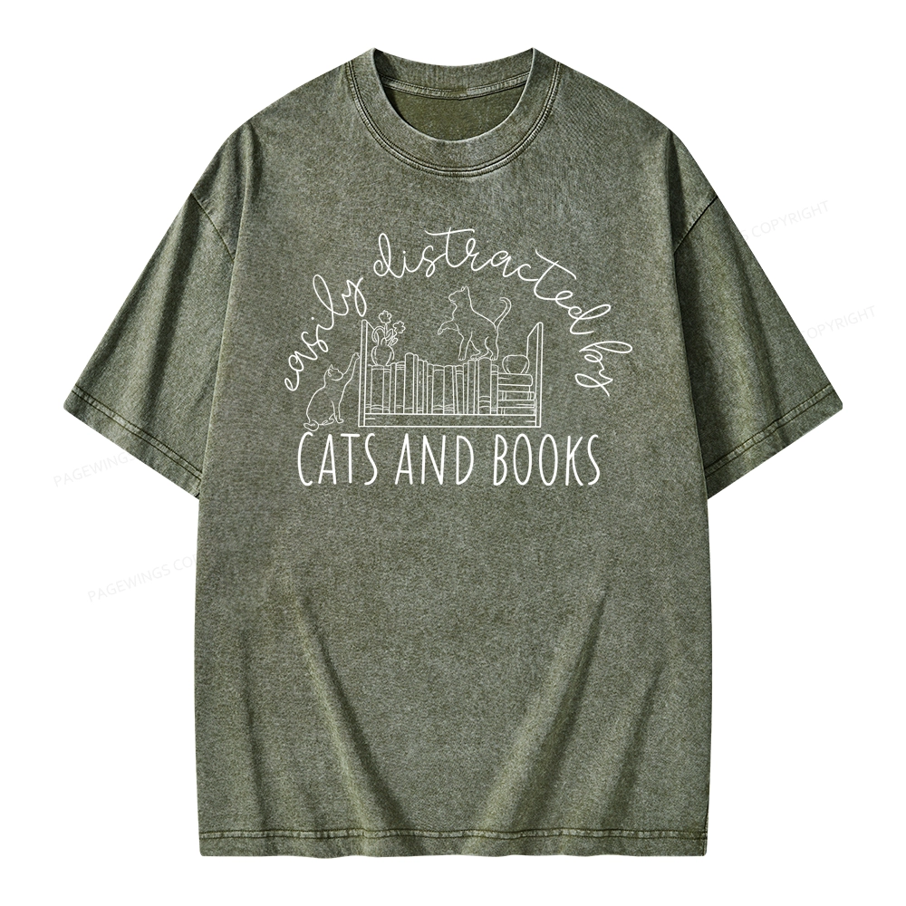 Pagewing Cute Cats And Books Unisex Washed T-shirt