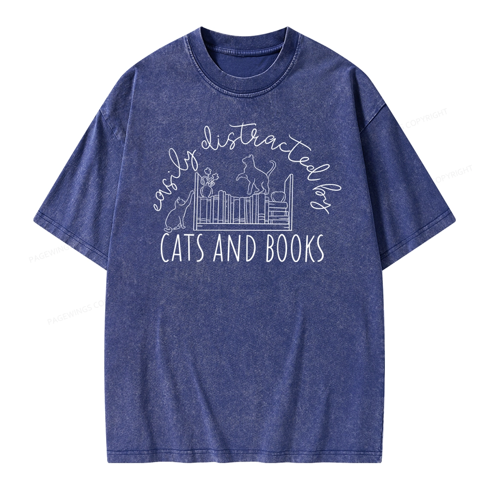 Pagewing Cute Cats And Books Unisex Washed T-shirt