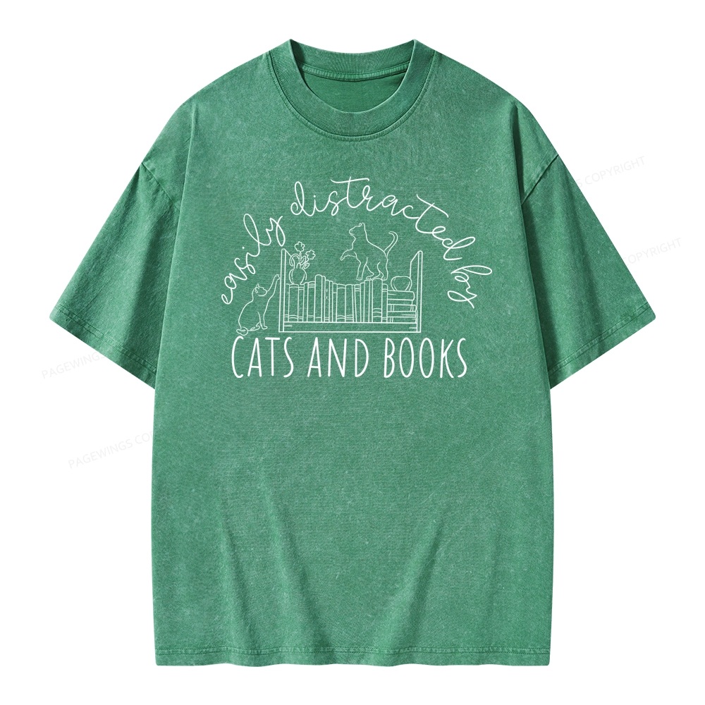 Pagewing Cute Cats And Books Unisex Washed T-shirt