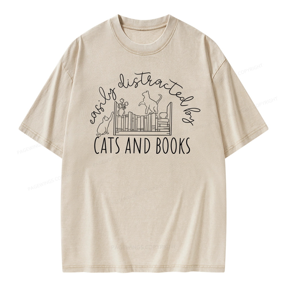 Pagewing Cute Cats And Books Unisex Washed T-shirt