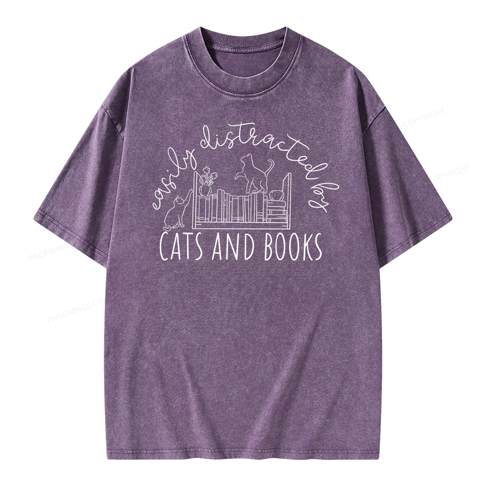 Pagewing Cute Cats And Books Unisex Washed T-shirt