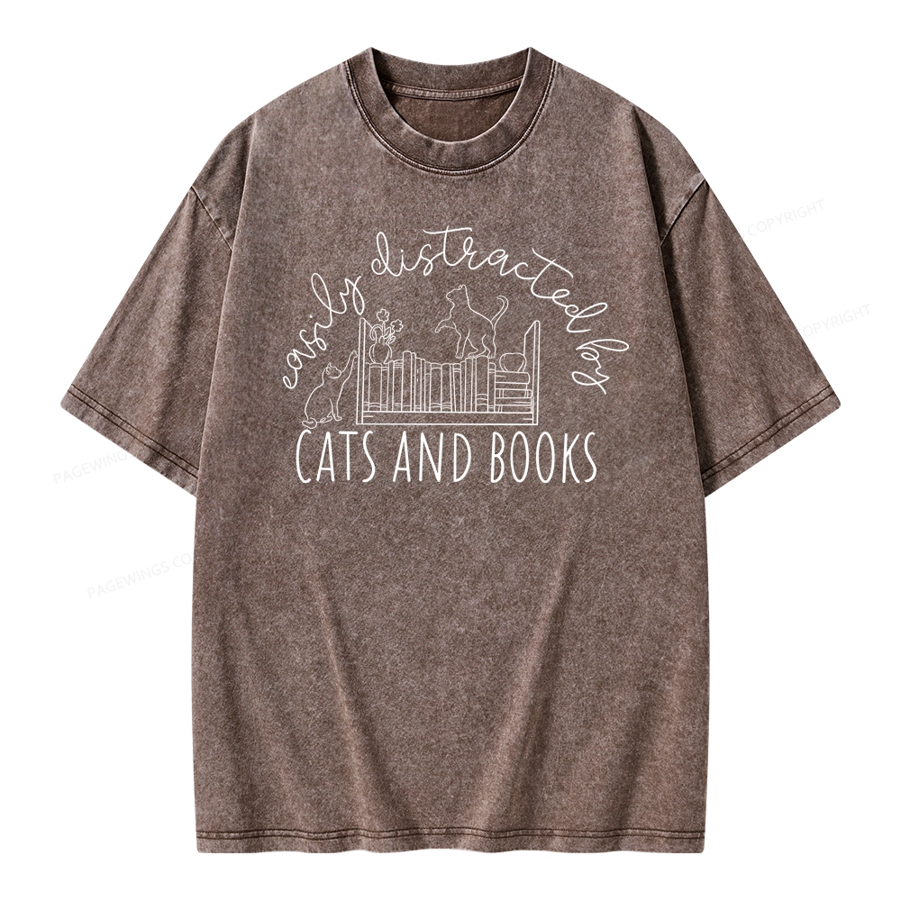 Pagewing Cute Cats And Books Unisex Washed T-shirt