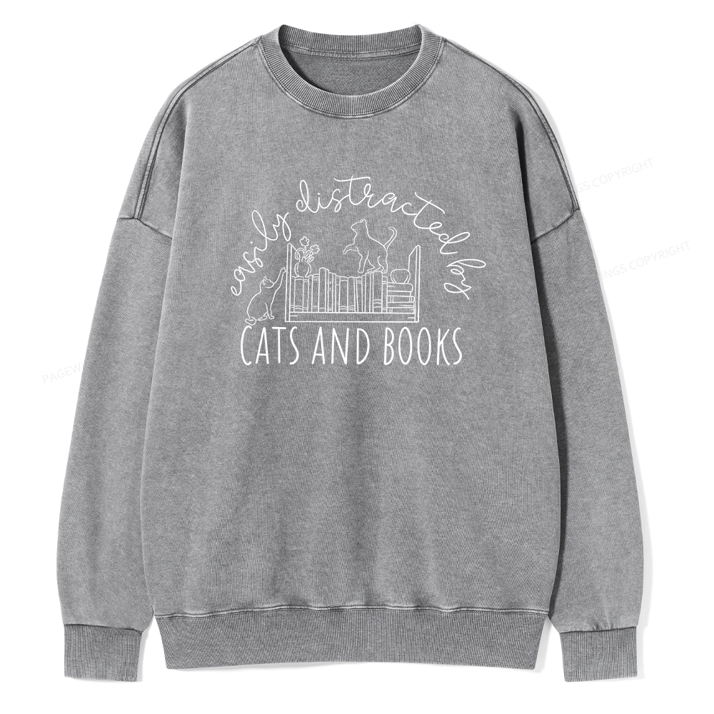 Pagewing Cute Cats And Books Unisex Washed Sweatshirt