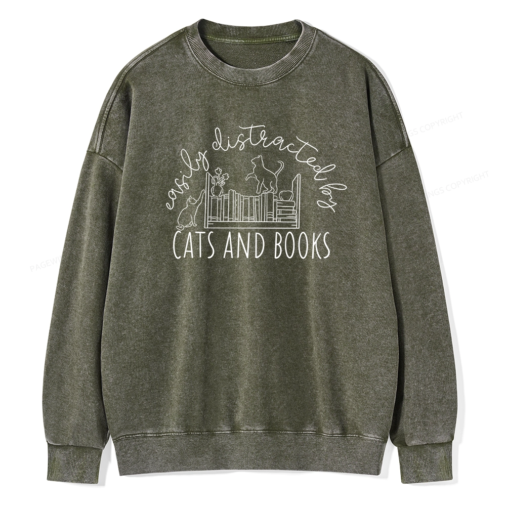 Pagewing Cute Cats And Books Unisex Washed Sweatshirt