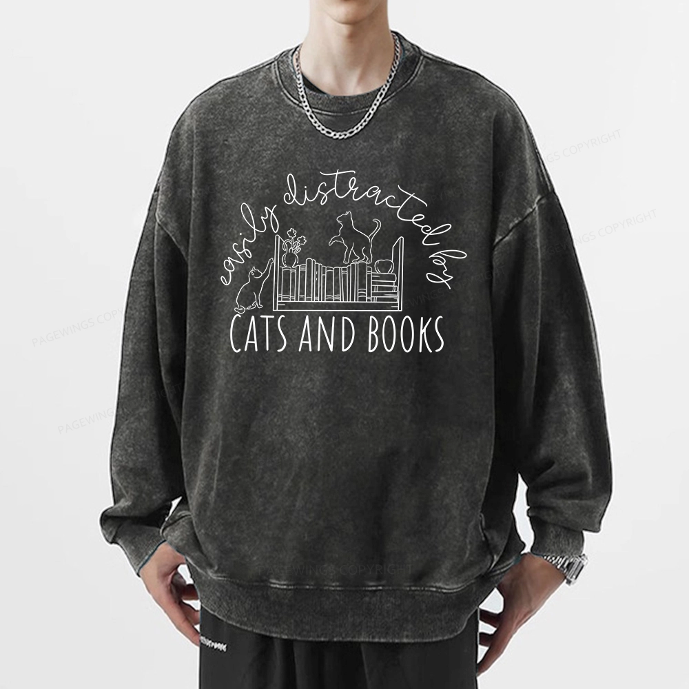 Pagewing Cute Cats And Books Unisex Washed Sweatshirt