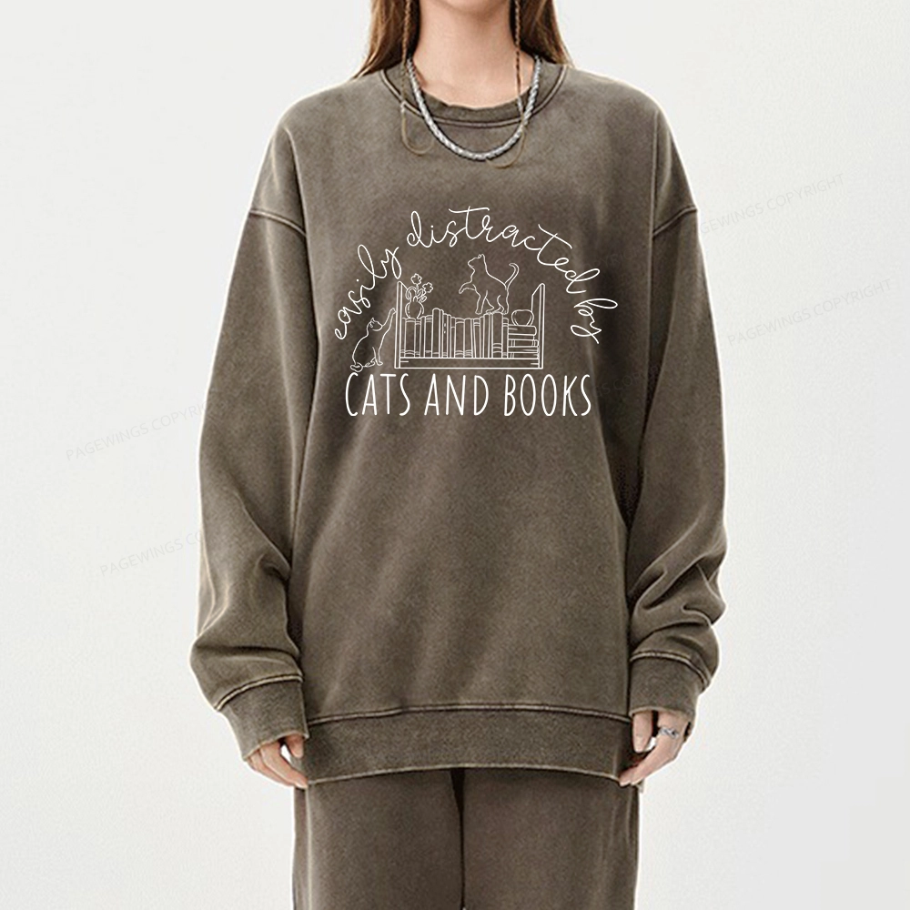 Pagewing Cute Cats And Books Unisex Washed Sweatshirt