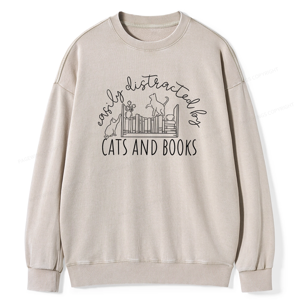 Pagewing Cute Cats And Books Unisex Washed Sweatshirt