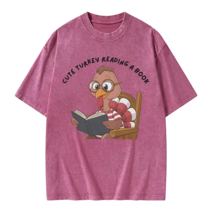 Pagewings Thanksgiving Turkey Reading A Book Unisex Washed T-shirt