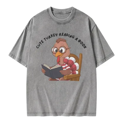 Pagewings Thanksgiving Turkey Reading A Book Unisex Washed T-shirt