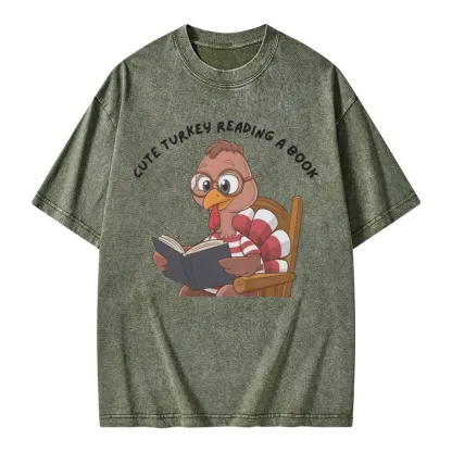 Pagewings Thanksgiving Turkey Reading A Book Unisex Washed T-shirt