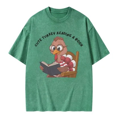 Pagewings Thanksgiving Turkey Reading A Book Unisex Washed T-shirt