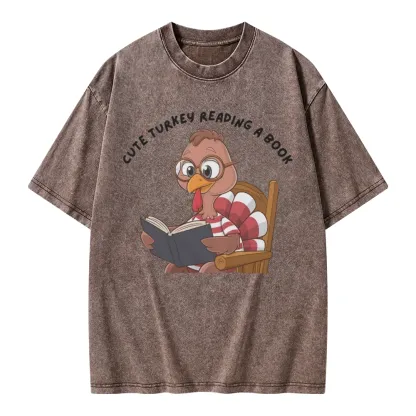 Pagewings Thanksgiving Turkey Reading A Book Unisex Washed T-shirt