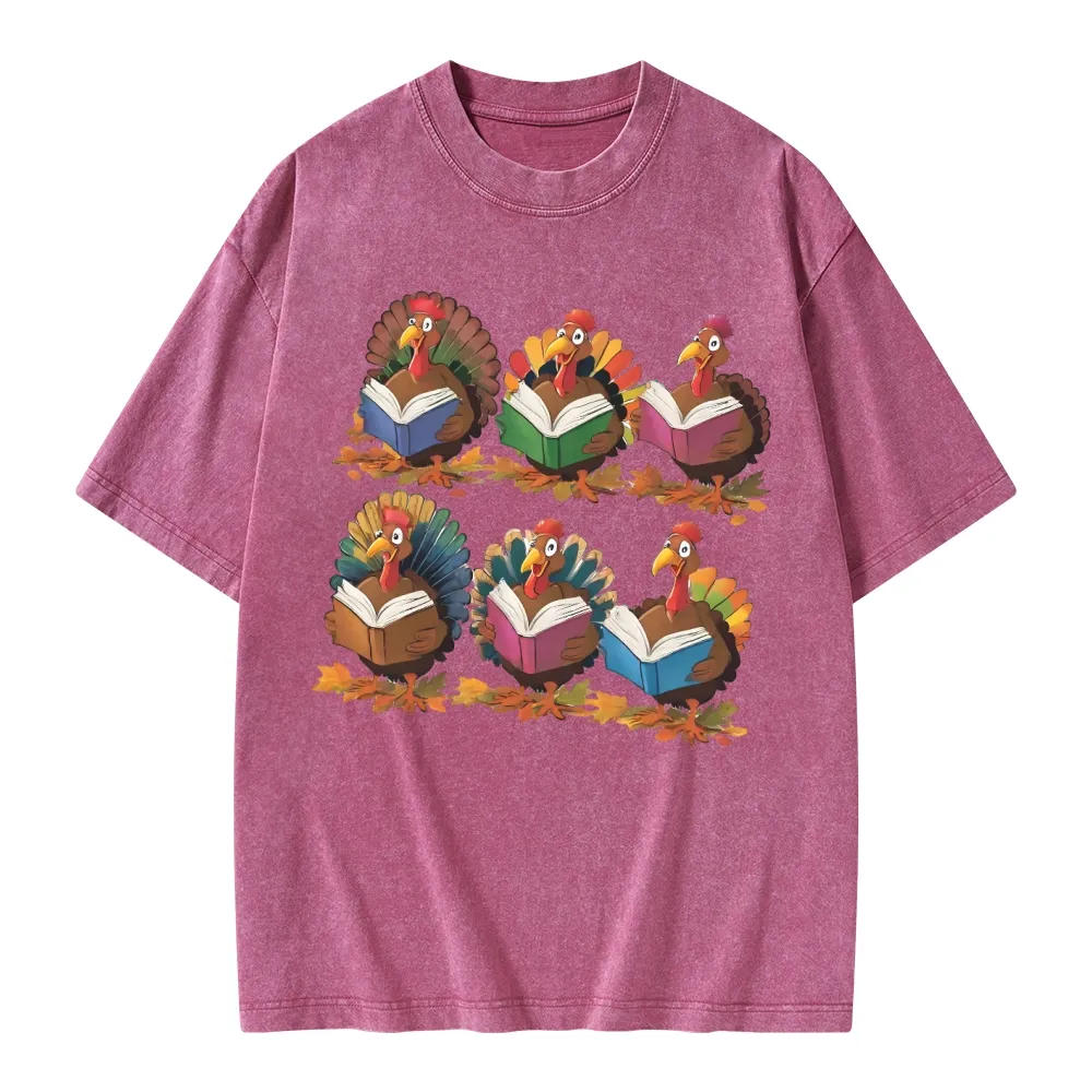 Pagewings Thanksgiving Fall Reading Turkey Unisex Washed T-shirt