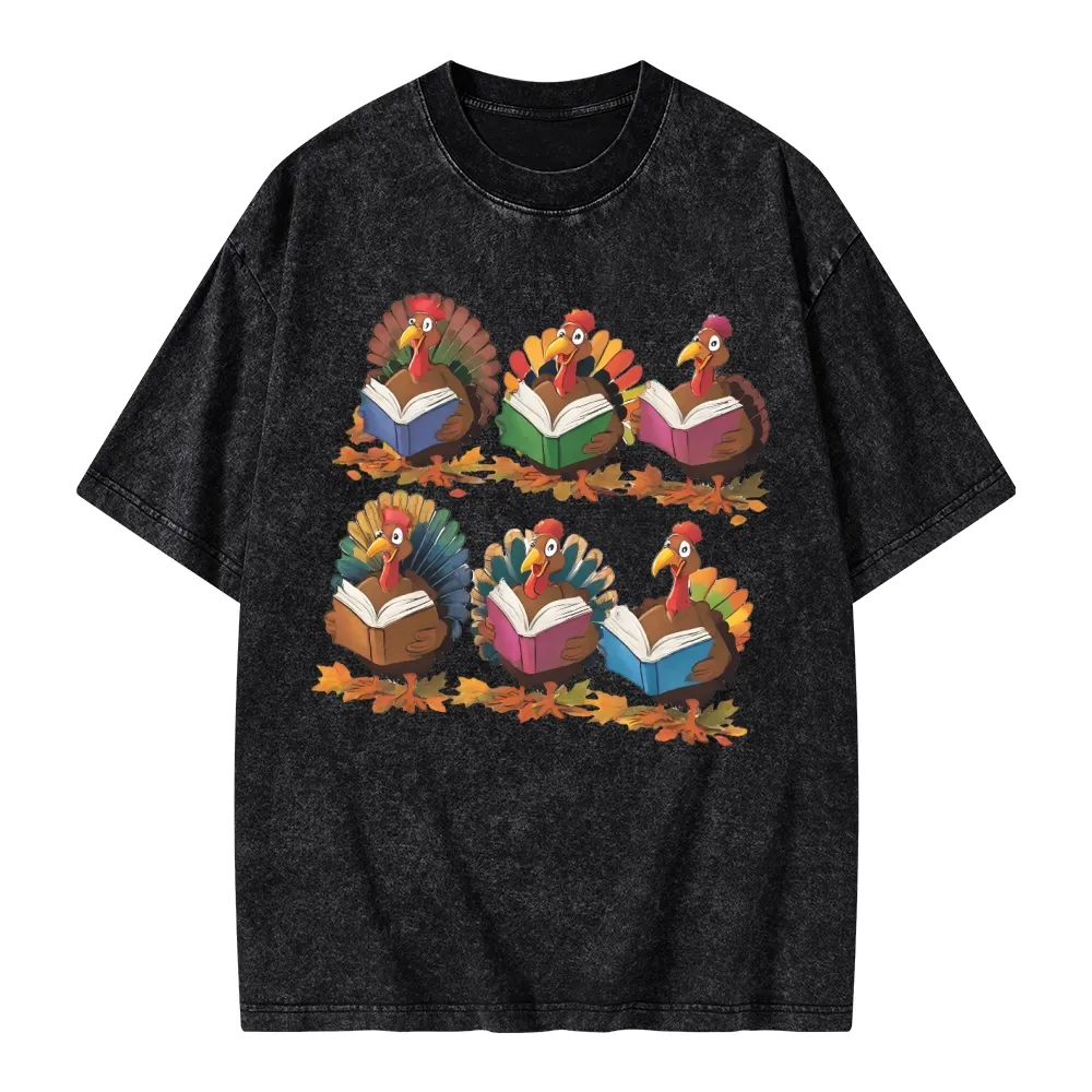 Pagewings Thanksgiving Fall Reading Turkey Unisex Washed T-shirt