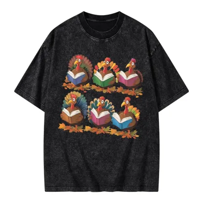 Pagewings Thanksgiving Fall Reading Turkey Unisex Washed T-shirt