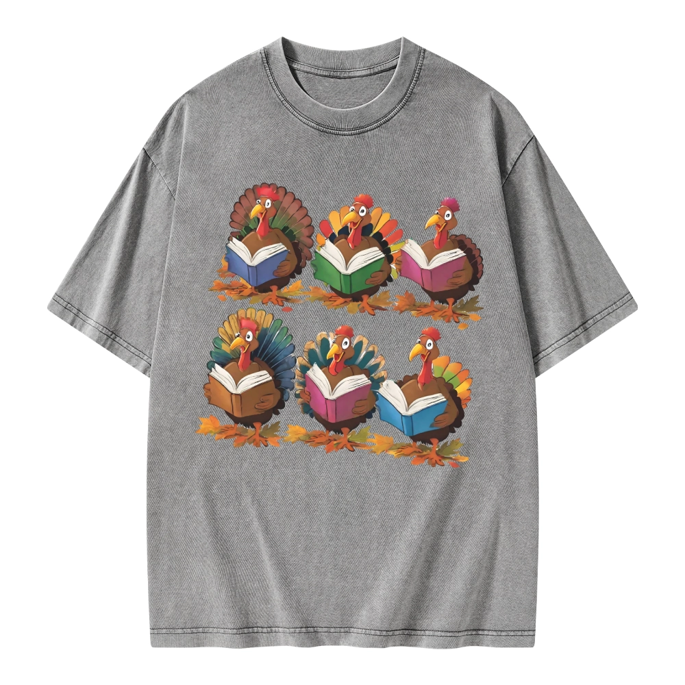 Pagewings Thanksgiving Fall Reading Turkey Unisex Washed T-shirt