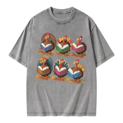 Pagewings Thanksgiving Fall Reading Turkey Unisex Washed T-shirt