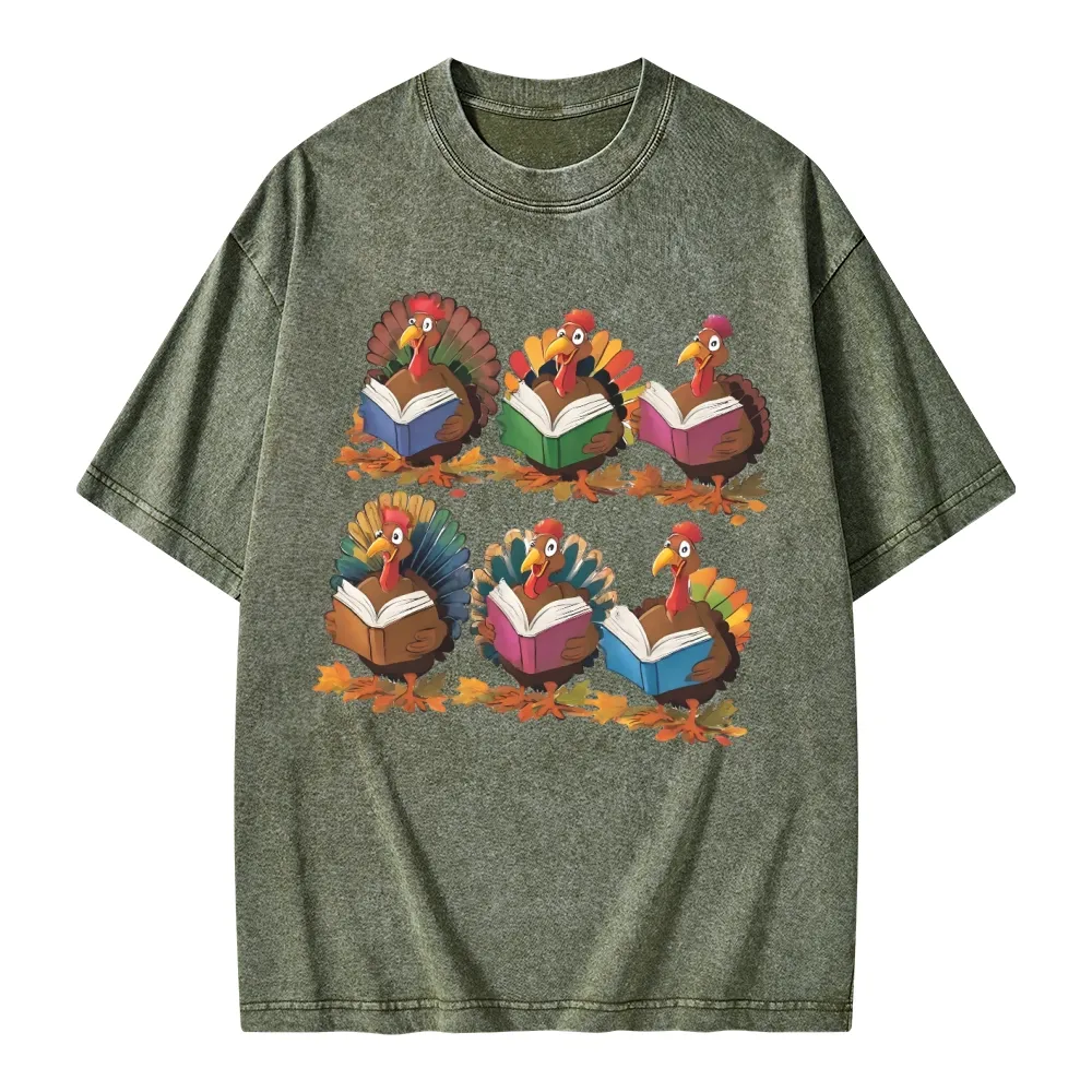 Pagewings Thanksgiving Fall Reading Turkey Unisex Washed T-shirt