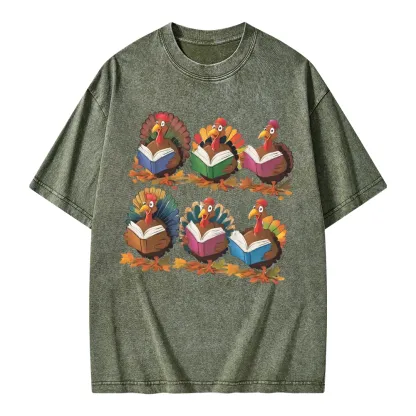 Pagewings Thanksgiving Fall Reading Turkey Unisex Washed T-shirt