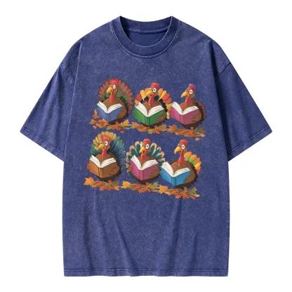 Pagewings Thanksgiving Fall Reading Turkey Unisex Washed T-shirt
