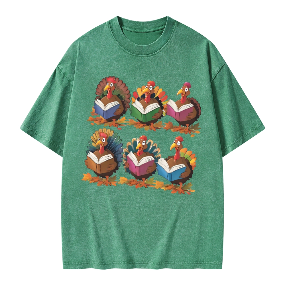Pagewings Thanksgiving Fall Reading Turkey Unisex Washed T-shirt