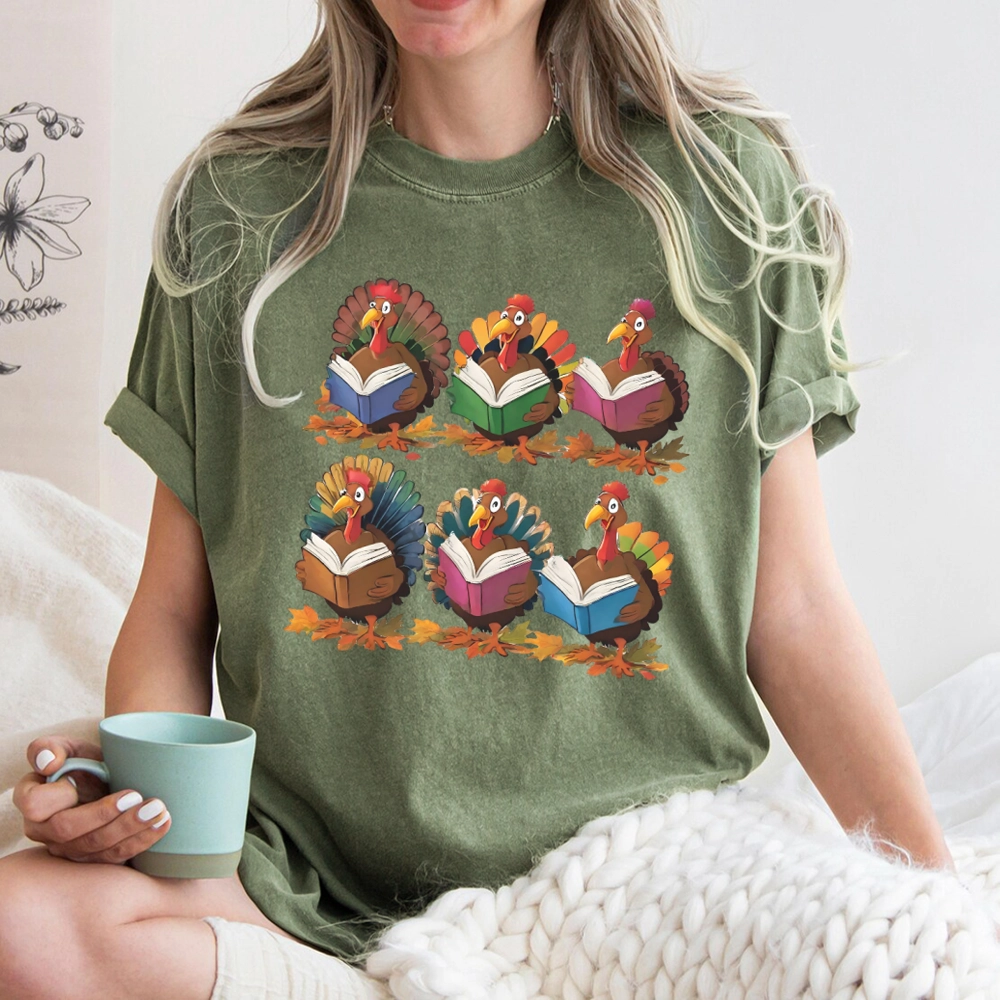 Pagewings Thanksgiving Fall Reading Turkey Unisex Washed T-shirt