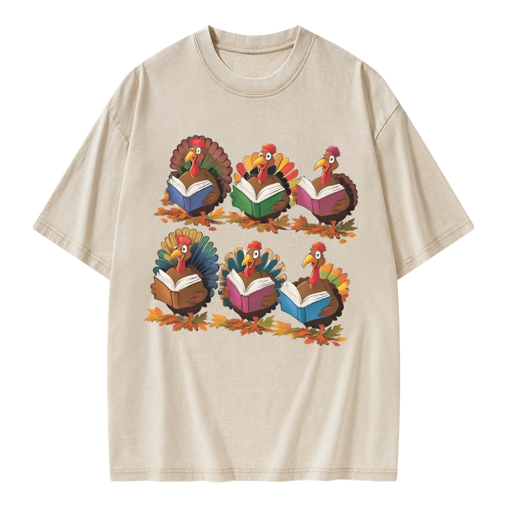 Pagewings Thanksgiving Fall Reading Turkey Unisex Washed T-shirt