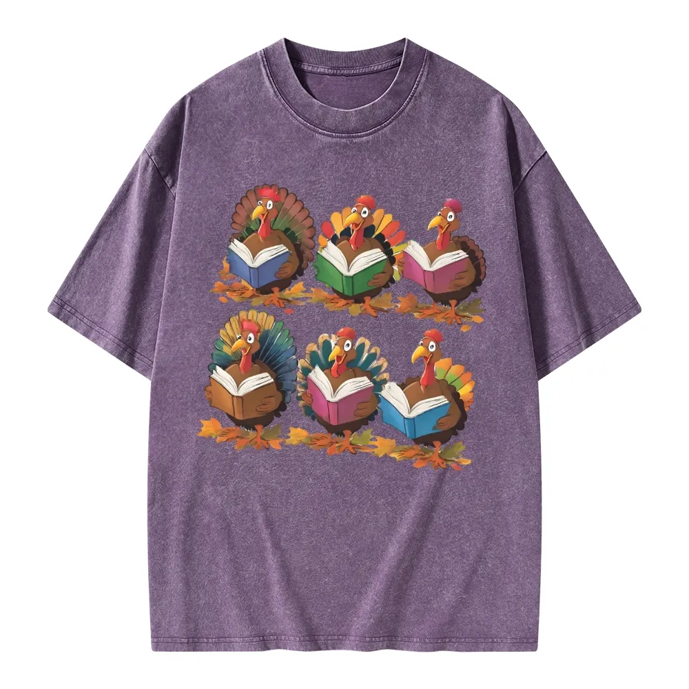 Pagewings Thanksgiving Fall Reading Turkey Unisex Washed T-shirt