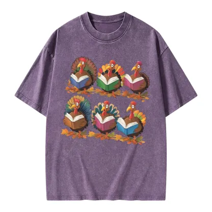 Pagewings Thanksgiving Fall Reading Turkey Unisex Washed T-shirt