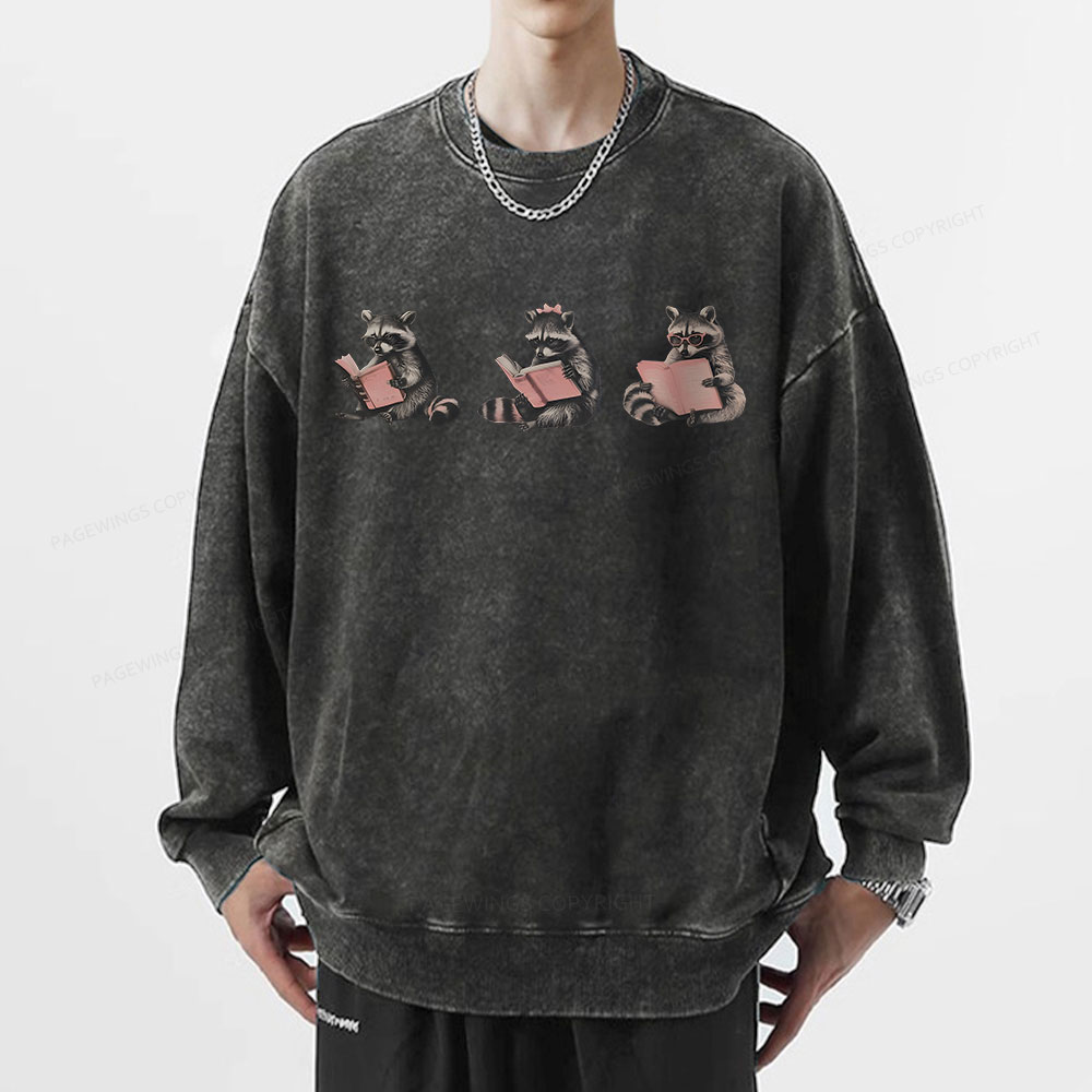 Pagewings Funny Raccoon Bookish Gift Unisex Washed Sweatshirt