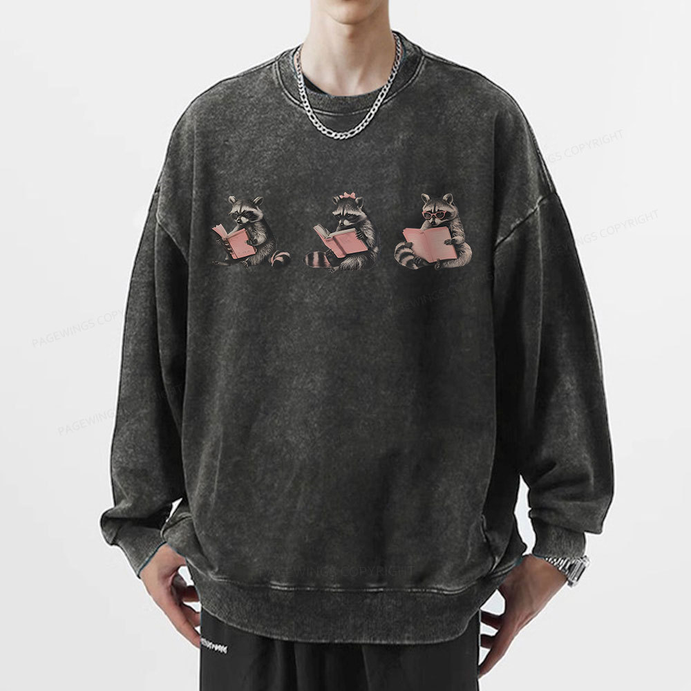 Pagewings Funny Raccoon Bookish Gift Unisex Washed Sweatshirt