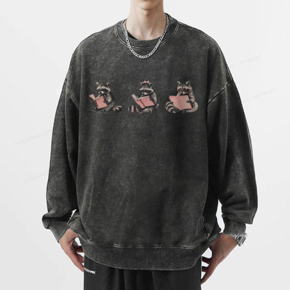 Pagewings Funny Raccoon Bookish Gift Unisex Washed Sweatshirt