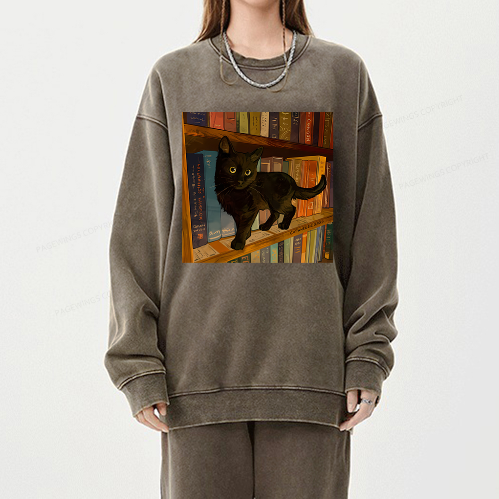 Pagewings Little Library Cat Unisex Washed Sweatshirt