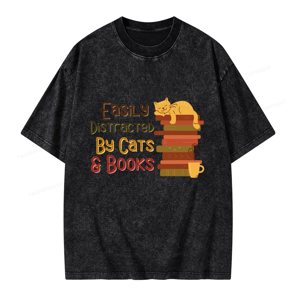 Pagewings Easily Distracted By Cats and Books Unisex Washed T-shirt