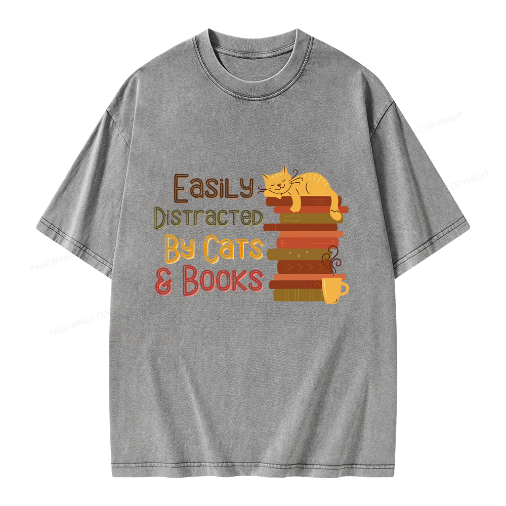 Pagewings Easily Distracted By Cats and Books Unisex Washed T-shirt