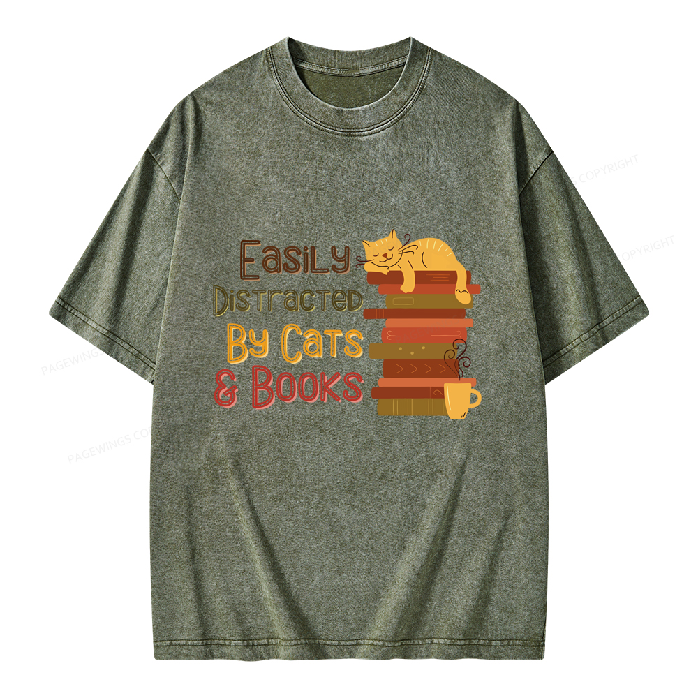 Pagewings Easily Distracted By Cats and Books Unisex Washed T-shirt