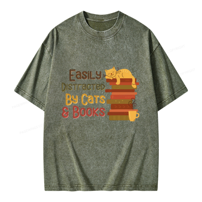 Pagewings Easily Distracted By Cats and Books Unisex Washed T-shirt