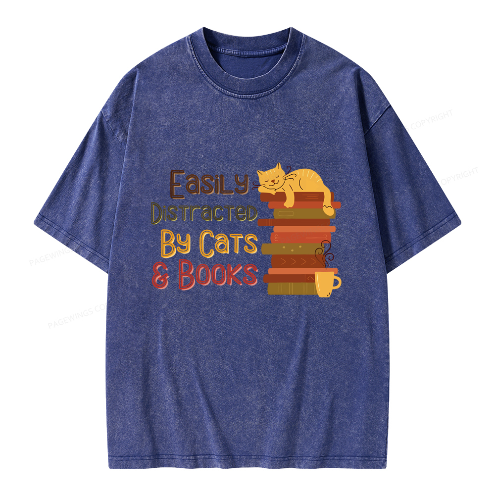 Pagewings Easily Distracted By Cats and Books Unisex Washed T-shirt