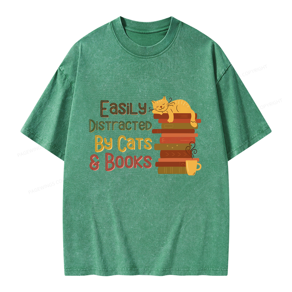 Pagewings Easily Distracted By Cats and Books Unisex Washed T-shirt