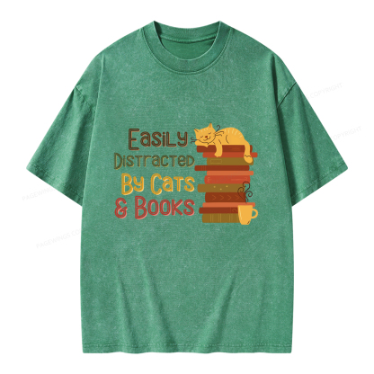 Pagewings Easily Distracted By Cats and Books Unisex Washed T-shirt