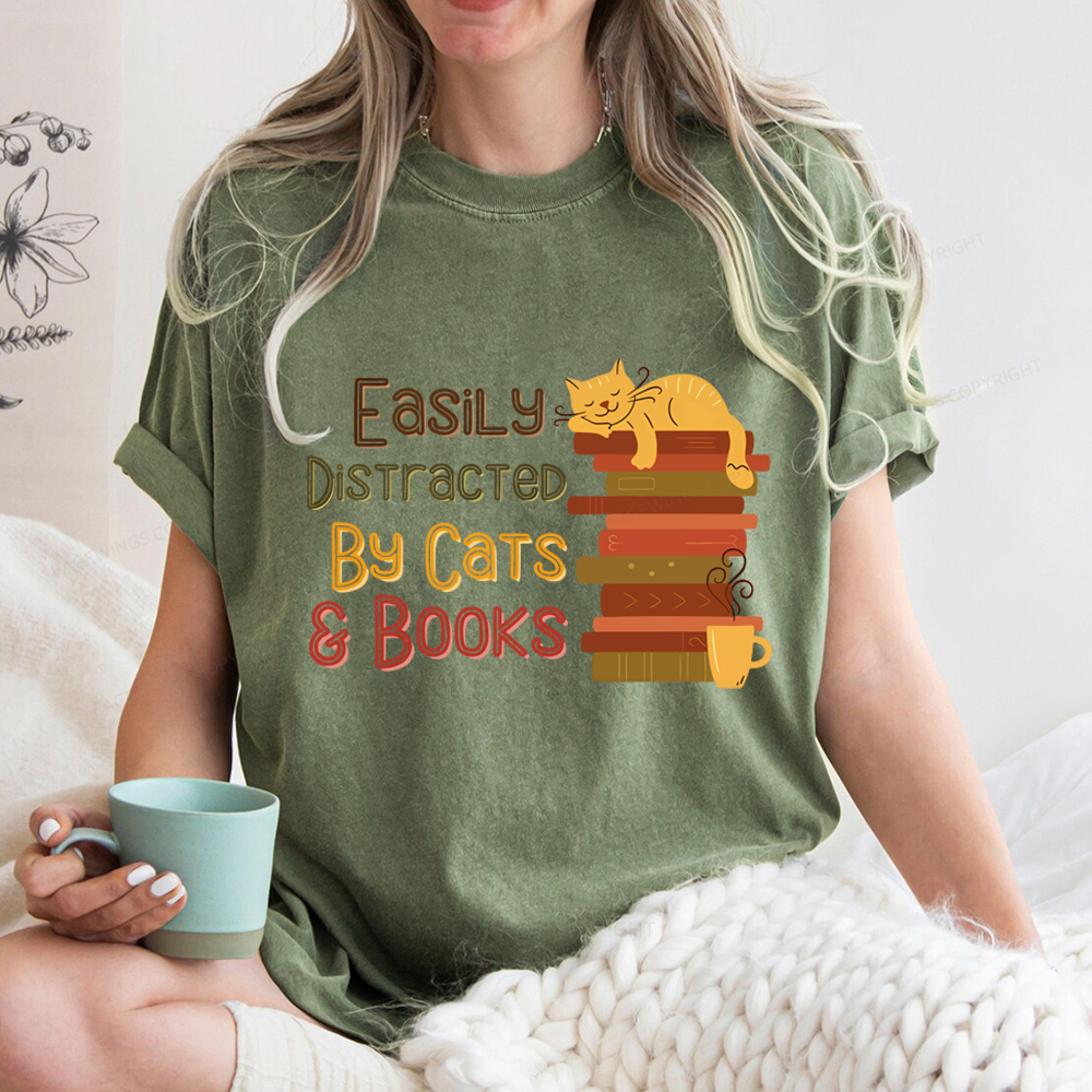 Pagewings Easily Distracted By Cats and Books Unisex Washed T-shirt