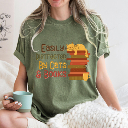 Pagewings Easily Distracted By Cats and Books Unisex Washed T-shirt