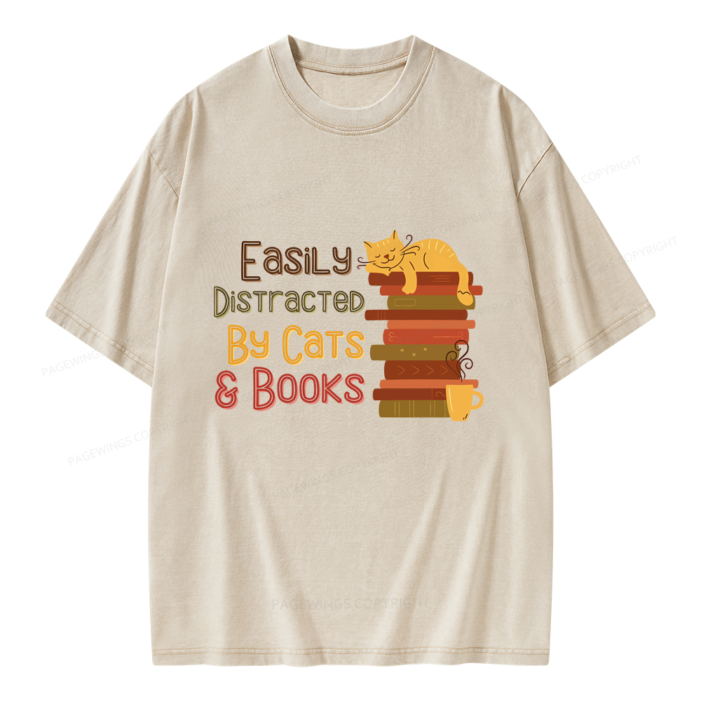 Pagewings Easily Distracted By Cats and Books Unisex Washed T-shirt